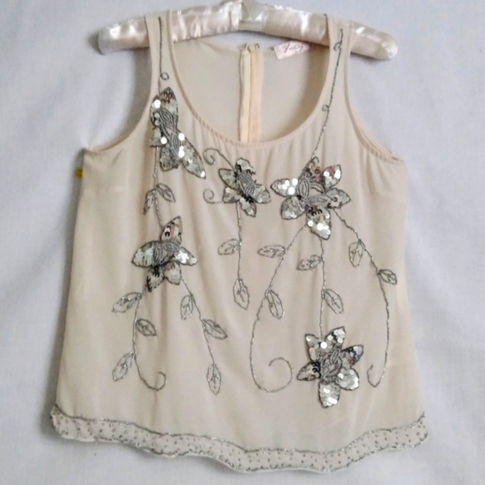 Freeway Flower Detail Sheer Sequin Sleeveless Top Size M